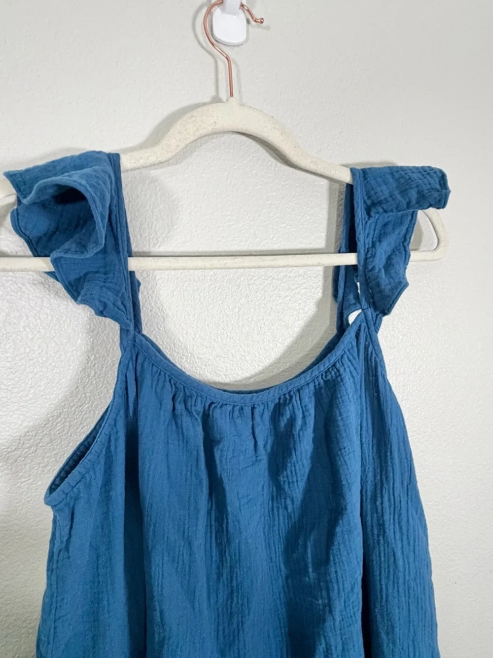 J. Crew Dress Ruffle Straps Maxi Spring Summer Pockets 100% Cotton Blue Women XL